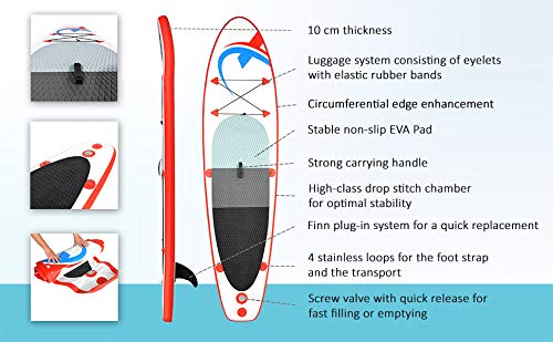 Nemaxx PB305 Stand up Paddle Board 305x76x10cm, rot/blau - SUP, Surfbrett, Surf-Board - aufblasbar & leicht zu transportieren - inkl. Tasche, Paddel, Finne, Luftpumpe, Repair Kit, Fuß-Leine