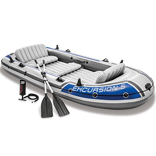 Intex Excursion 5 5-Personen-Schlauchboot mit Aluminiumruder und Luftpumpe mit hoher Ausgangsleistung