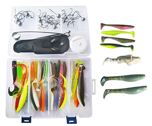 SANDAFishing Spinnfischen Raubfisch Köder Box Relax Kopyto Gummifisch Set 9cm 10cm 14cm Hecht Zander Barsch Dorsch Gummiköder Angel Zubehör Jig Kunstköder Twister Angeln Angelset (79Teile+Werkzeug)