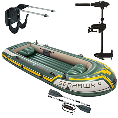 Intex Seahawk 4 Schlauchboot mit Aussenbordmotor + Heckspiegel + Paddel, Pumpe Set für 4 Personen Komplettset