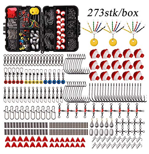 Shaddock 273stk Angelzubehör Set mit Angelhaken Wirbel Perlen Sinker Gewichte, Kreuzlinie Laufwirbel, Drehknopf, Platinen, Angelperle mit Tackle Box