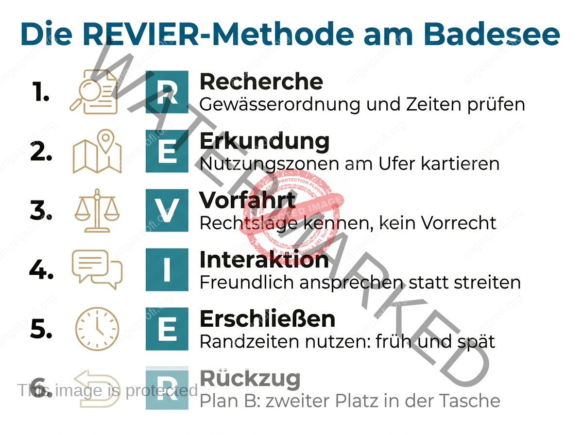 Infografik zur REVIER-Methode für das Angeln am Badesee mit sechs Schritten