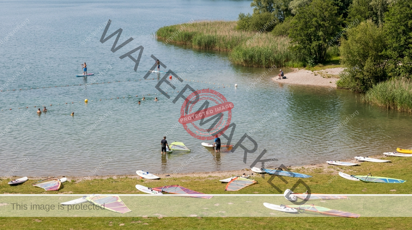 Nutzungszonen an einem Badesee mit Badebereich, Surfrevier und ruhiger Anglerbucht