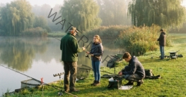 Anglerinnen und Angler eines Angelvereins am Vereinsgewässer im Herbst